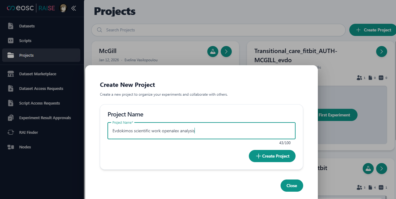 Project Create button.