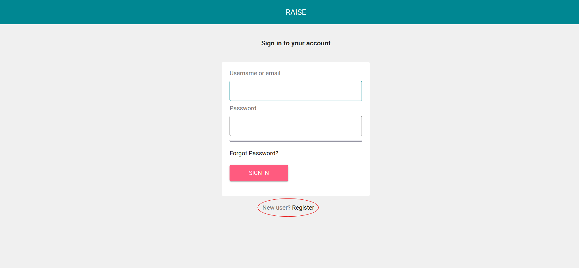 RAISE Sign In Register button.